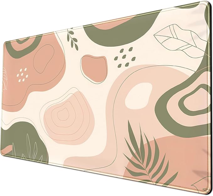Boho Green Cream Desk Mat Boho Kawaii Green Mouse Pad Cute Desk Mat, Large Aesthetic Mouse Pad XL Desk Decor for Women with Stitched Edge Mouse Desk Pad for Keyboard and Mouse Desk Pad, 31.5x15.8in.