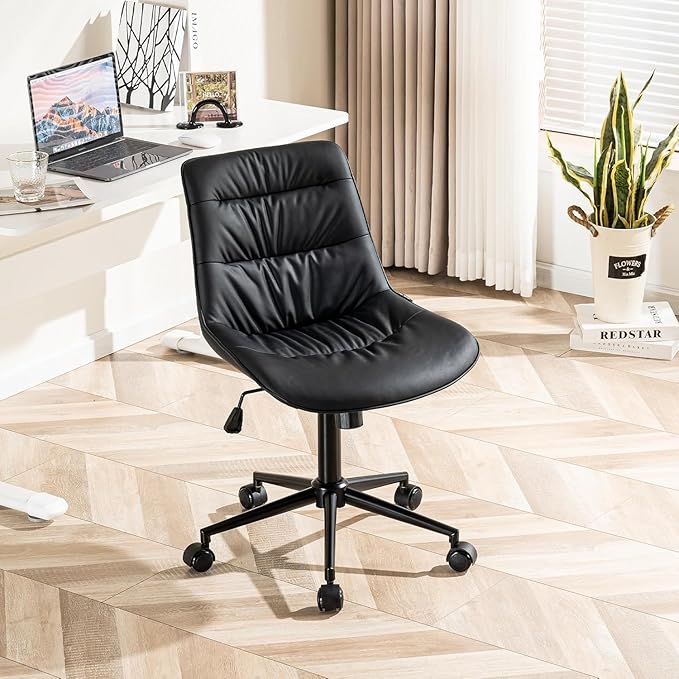 Kidol & Shellder Faux Leather Office Chair, Adjustable Swivel Height Task Chair, Rolling Wheels & Soft Backrest - Armless Ergonomic Desk Chair for Home, Office,Vanity,Gaming(Black)
