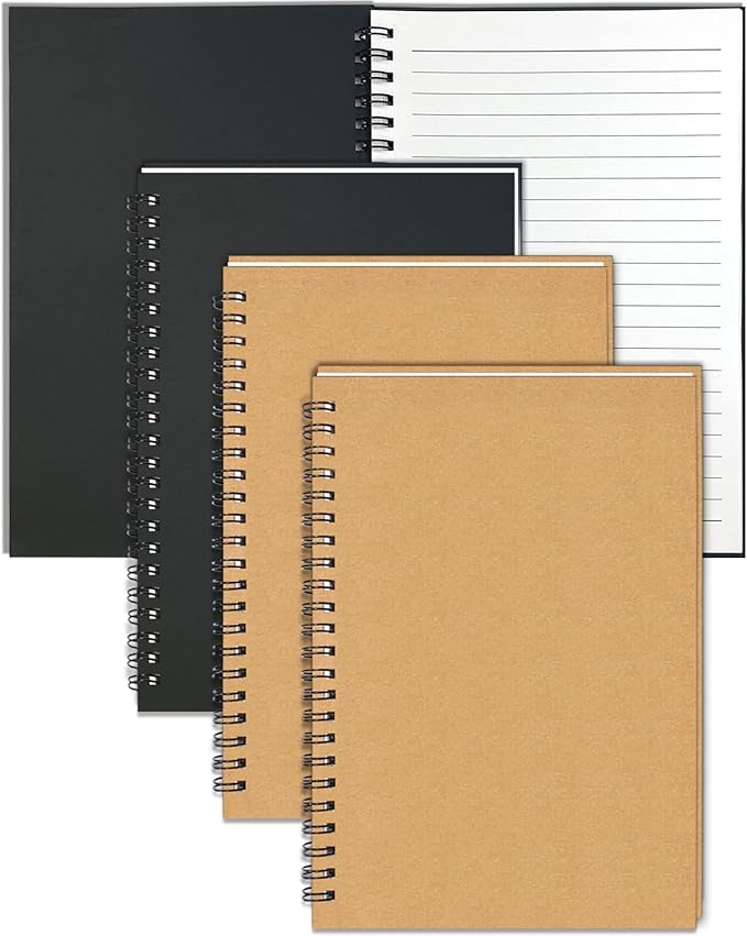 GINMLYDA 4Pack Small Spiral Notebook A5, 8.25x5.5” 120 Lined Pages Wide Ruled Spiral Journal Bulk Blank Kraft Cover Spiral Bound Notebook & Writing Pads for Home Office Meeting Work Note Taking