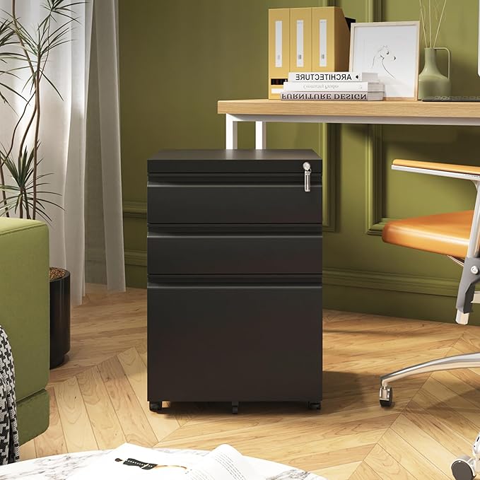 3 Drawer File Cabinet for Home Office, Under Desk Mobile Filing Cabinet with Lock for A4-Size/Letter-Size/Legal-Size, Black (HSEJ-3D)
