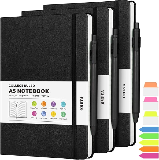 OMEYA Lined Journal Notebook, 3 Pack A5 College Ruled Notebooks for Work, Hardcover Notebook Each with 2 Pockets & Pen, Leather Journal for Women, Men, 160 Pages, 100GSM Thick Paper (Black)