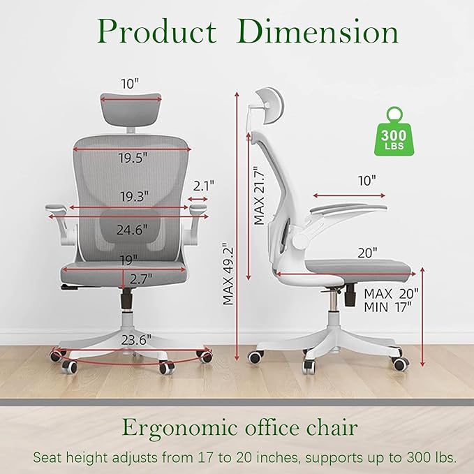 Ergonomic Office Chair, High-Back Mesh Computer Desk Chair with Adjustable Height, Lumbar Support, Flip-Up Armrests,headrest,and Swivel Rolling Design for Home and Office Use