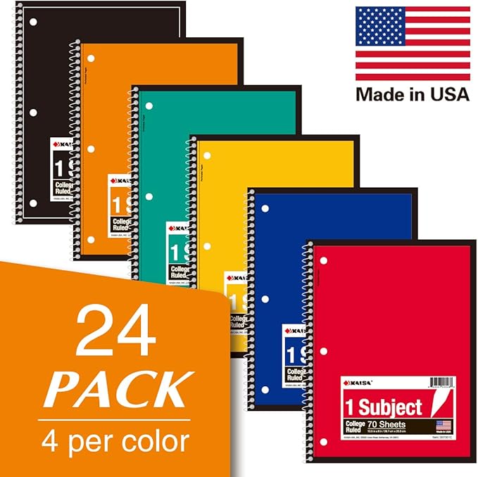 KAISA 1 Subject Spiral Notebooks, 70 Sheets College Ruled 10.5"x8" Paper, Note Books Home School Supplies for Students Office, 1Carton of 24pcs