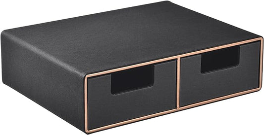 Linen Leather Desk Organizer and monitor stand with Drawers-Mini Desktop Drawer Organizer Stackable-Tabletop Organization Storage Box for Office Supplies Home Vanity Toiletries (Black, 2-drawers)