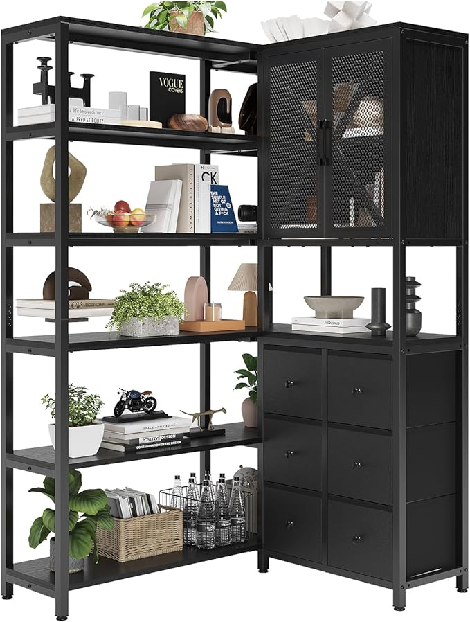 Corner Bookshelf, 6 Tier Industrial Convertible Bookshelf with 6 Fabric Drawers, Corner Bookcase Large L Shaped Storage Display Shelf for Home Office, Living Room, Kitchen, Black