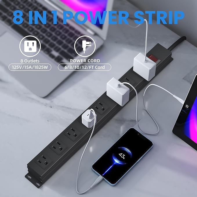 8 Outlet Metal Power Strip 10ft,Heavy Duty Power Strip with Wide Spaced,Black Power Strip with Long Cord for Kitchen,Office,School,Commercial,Workshop,Industrial,1825W/125V/15A,Black (10FT)
