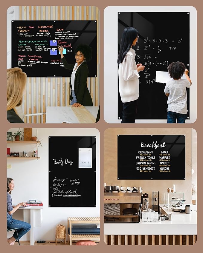 Magnetic Glass Whiteboard,72"x48" Wall Mounted Frameless Dry Erase Board for Office, Home & School Black