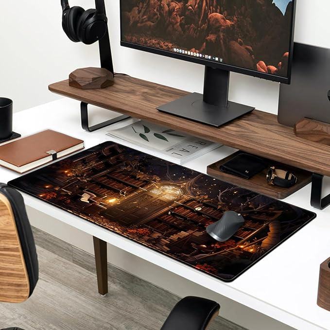 Vintage Desk Pad Magical Bookshelf Desk Mat Extra Large Big Office Mouse Pad Gaming with Stitched Edges Large Mousepad Home Office Gaming Work Computers Laptop Desk Accessories 31.5x11.8in