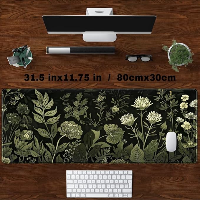 Sage Green Floral Black Plant Desk Pad Retro Aesthetics Mouse Pad Large Gaming Mouse Mat for Office Computer Keyboard Laptop Home with Stitched Edges,Non-Slip Base 31.5 X 11.8 in