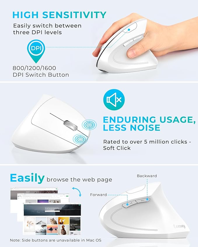 Lekvey Ergonomic Mouse, Vertical Wireless Mouse, Rechargeable 2.4G Optical Carpal Tunnel Mice with USB Receiver: 1000/1200 / 1600 DPI, 6 Buttons, for Laptop, Computer, PC, Desktop, Notebook, White