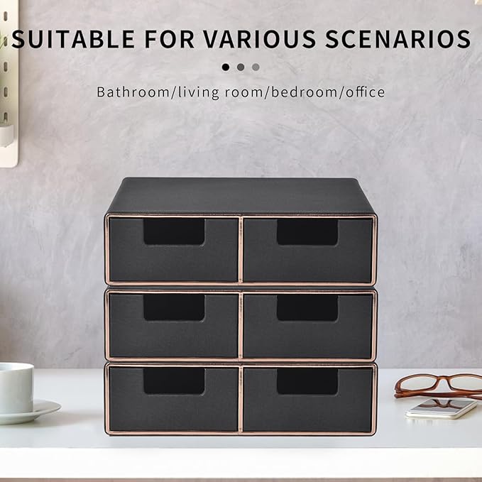 Linen Leather Desk Organizer and monitor stand with Drawers-Mini Desktop Drawer Organizer Stackable-Tabletop Organization Storage Box for Office Supplies Home Vanity Toiletries (Black, 2-drawers)