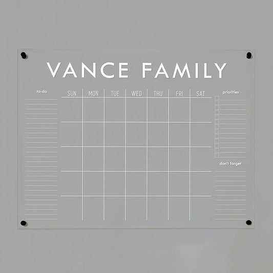 Personalized Clear Acrylic Calendar for Wall, Calendar Whiteboard for Wall, Dry Erase Wall Calendar, Wall Calendar Organizer System for Home (Block, White, 47.5"W x 36"H)