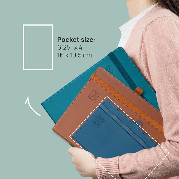 POPRUN Pocket Planner 2025-2026 (Purse Size 4'' x 6.25'') Academic Small Calendar (July 2025 - June 2026) with Hourly Time Slots, 100GSM Thick Papers, Leather Soft Cover - Night Sky Blue