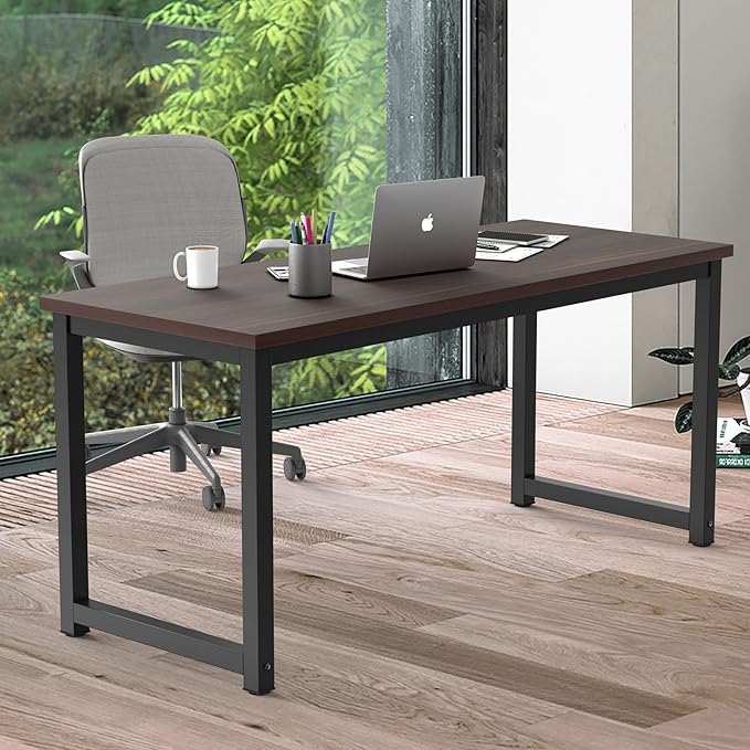NSdirect Large Office Desk for Home Office, Large 63” Computer Desk Table, Wide Writing Study Desk for 2 Person, Metal Sturdy Frame Thicker Steel Legs, Black Chocolate