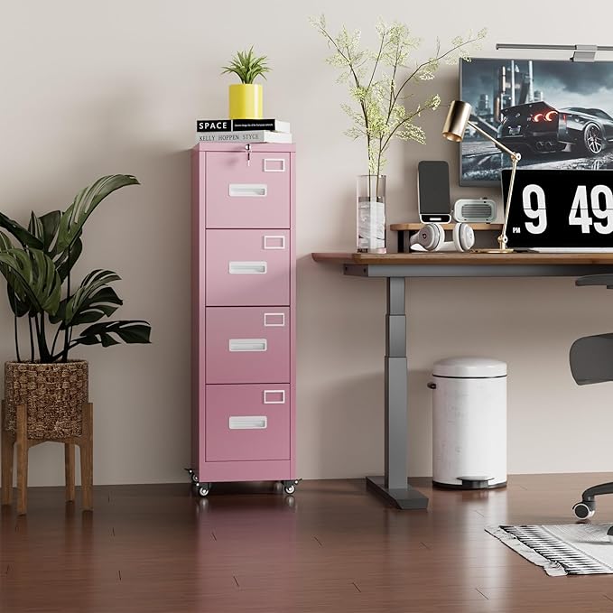 Aobabo File Cabinet 4 Drawer with Wheels, Lockable Office Metal Filing Cabinet with Name Card for Office and Home,Assembly Required,Pink