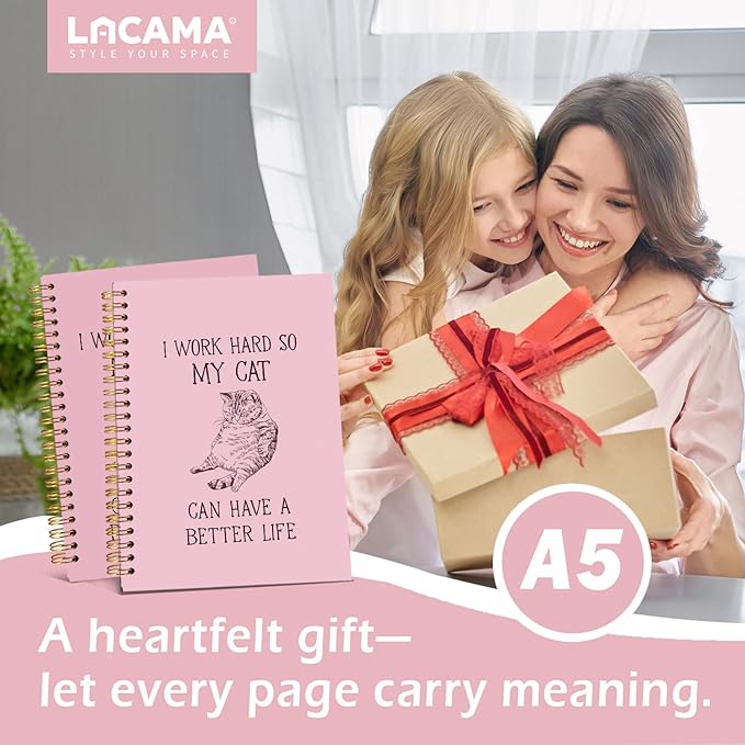Lacama Pink Cat Notebook, Gifts for Cat Lovers, Funny Notebooks for Work, 160 Pages, Office Humor Gifts, School Office Supplies, 5.5"x8.3" I Work Hard So My Cat Can Have A Better Life Journal Notebook