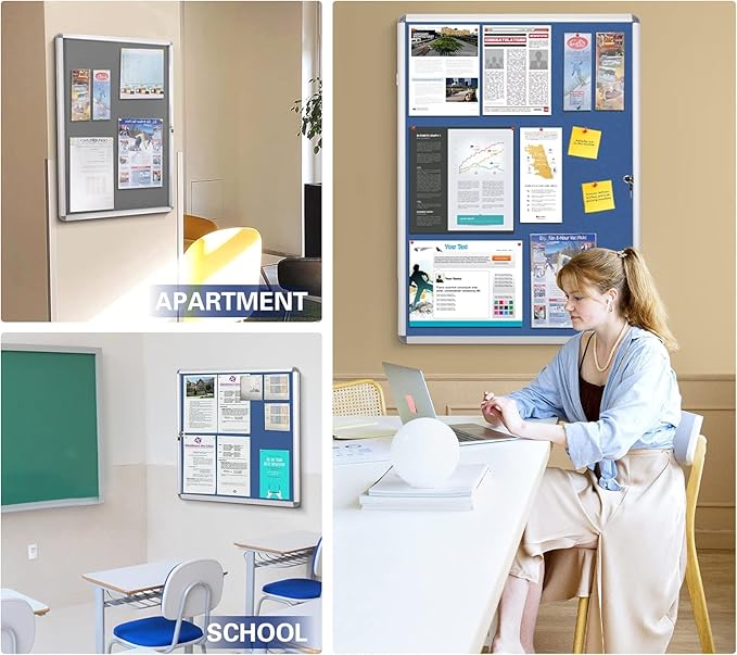 SWANCROWN Pins Bulletin Board Enclosed Lockable Noticeboard Glass Display Case for Home Office School,Blue Fabric,38"x38" (12xA4)