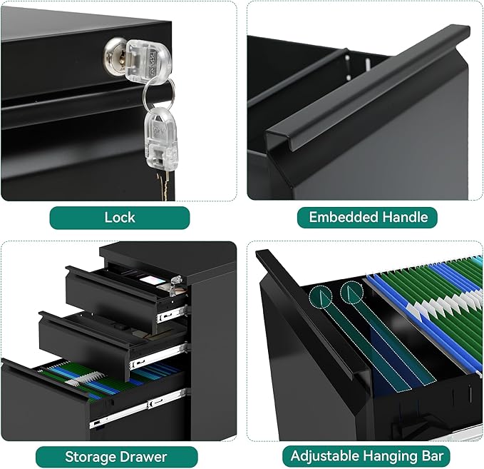 YITAHOME 3 Drawer File Cabinet with Lock, 20” Deep Office Vertical Files, Mobile Metal Filing Cabinet, Metal Vertical Filing Storage Cabinet for Letters/Legal/A4 Size,Black