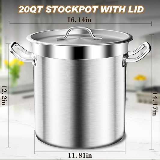 Large Stock Pot - 20Qt Brushed Stainless Steel Stock Pot With Lid - Heavy Duty Induction Commercial Grade Stockpots for Soup, Stew, Oven, Gas, Ceramic, and Dishwasher Safe