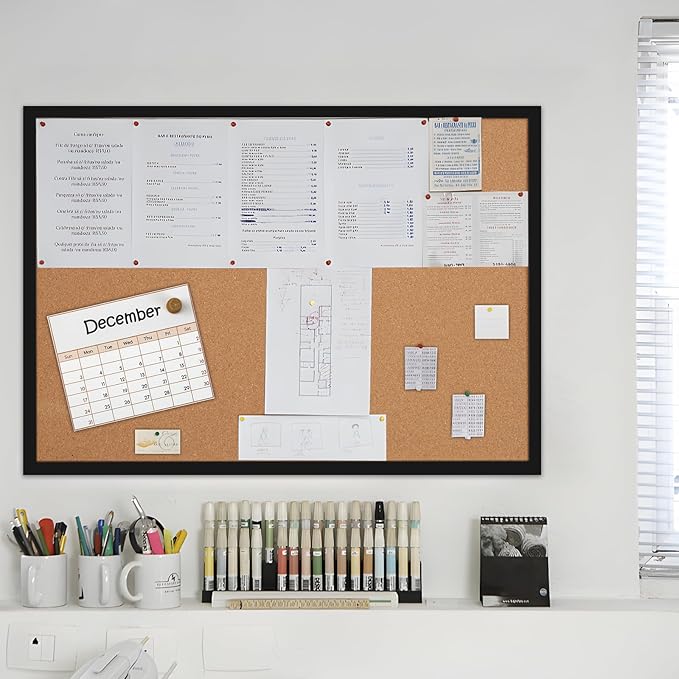 24” x 36” Cork Boards for Walls with Black Wooden Frame 1pack, Double Sided Office Board for Wall Organizer, Bulletins Board Decorative Hanging Pin Board for School, Home & Office, Notice Board