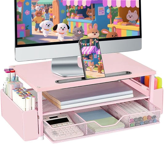 AUPSEN Pink Desk Organizers and Accessories, 2-Tier Wood Computer Monitor Stand with Drawer, Pen Storage & Phone Holder, Office Desk Accessories, Workspace Desktop Organization for Office Supplies