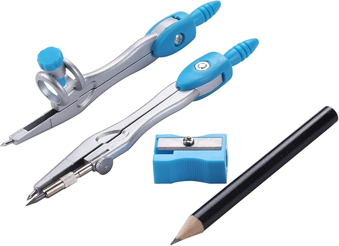 10 Pieces Math Geometry Kit Set Student Supplies with Shatterproof Storage Box,Includes Rulers,Protractor,Compass,Eraser,Pencil Sharpener,Lead Refills,Pencil,for School and Drawings(Blue)