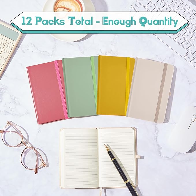 Laumoi 12 Pieces Small Notebooks A6 Pocket Journals 3.5 x 5.5 Inch Small Leather Notebook Mini Ruled Lined Journal with Elastic Band Pen Holder Page Marker Ribbons (Bright Colors)