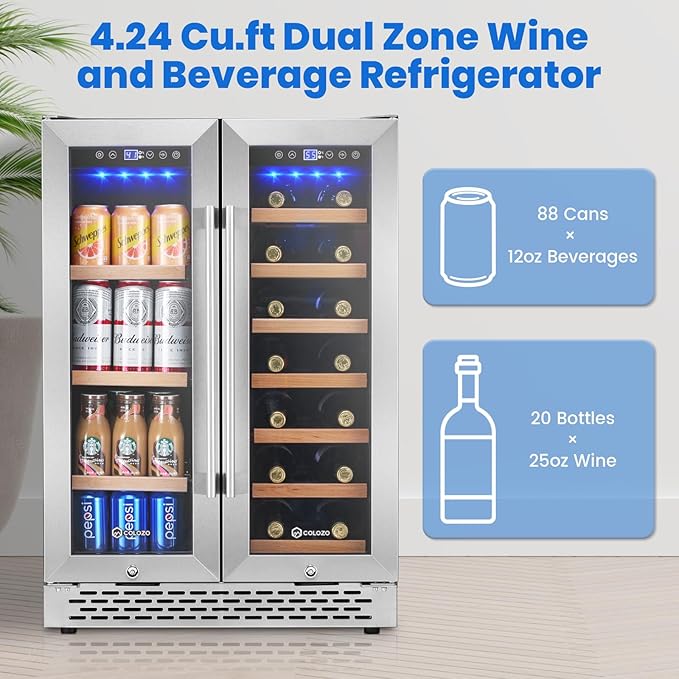 Wine and Beverage Refrigerator, 24 Inch Dual Zone Wine Cooler Refrigerator with Glass Door&Lock Quiet Compressor, Freestanding/Under Counter Beverage Fridge Holds 20 Bottles & 88 Cans for Office/Home