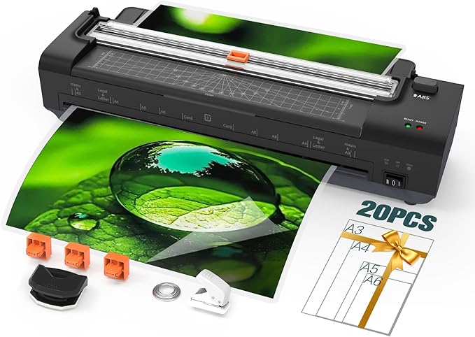 13 Inch Laminator Machine with Auto Paper Feed, Never Jam A3 Thermal & Cold Lamination, 20 Laminating Sheets, 10-in-1 Laminator with Cutter, Trimmer & Corner Rounder for Office School Home Use Black