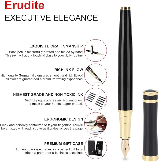 Cheericome Fountain Pen - Ink Pen for Smooth Writing - Exquisite Fountain pen gift set for Men & Women - Fountain Pen Fine Nib,Includes 10 Ink Cartridges and Ink Refill Converter - Black