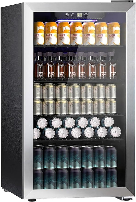 Kndko Beverage Refrigerator Cooler - 130 Can Mini Fridge with Adjustable Shelves, Glass Door, Digital Temperature Control, LED Lighting, Energy Efficient for Home, Office, Bar - 3.2 Cu.Ft, Silver