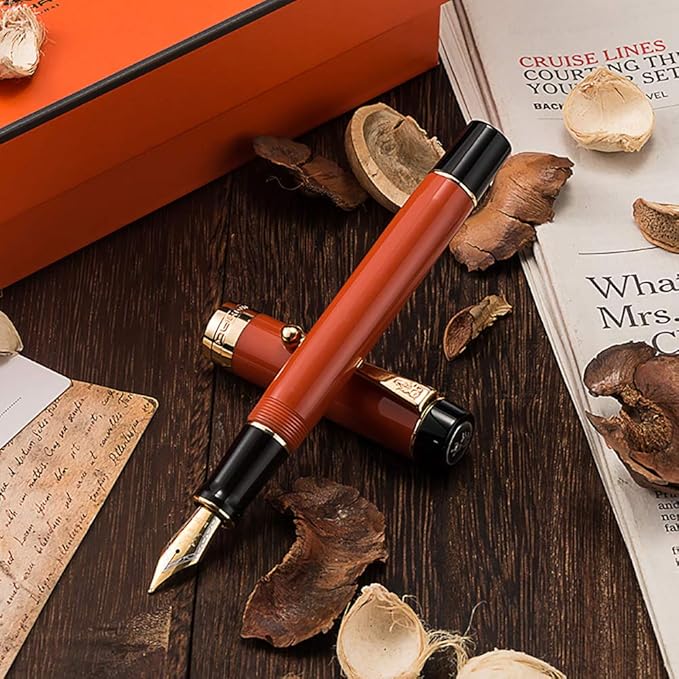 Jinhao 100 Fountain Pen Celluloid Classic Style, #6 Nib Smooth Writing Instrument with Refillable Converter and Pen Case Set