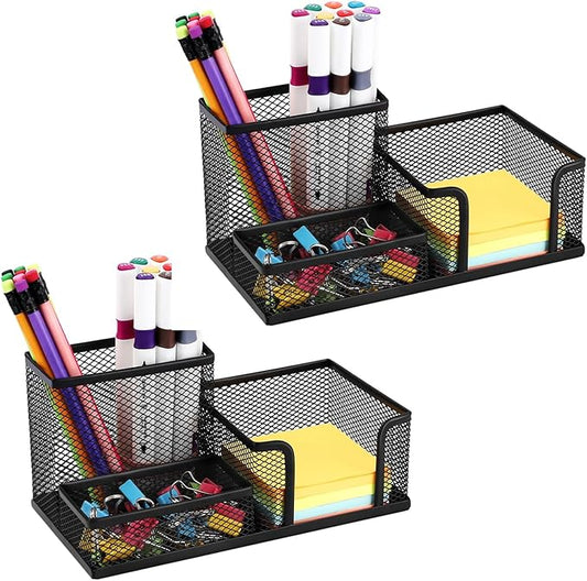 2 Pieces Pen Holder for Desk Mesh Metal Pencil Holders Pen Cup Marker Holder Desk Caddy with Sticky Notes Holder Pen Organizer for Office Supplies Workspace School Home Black