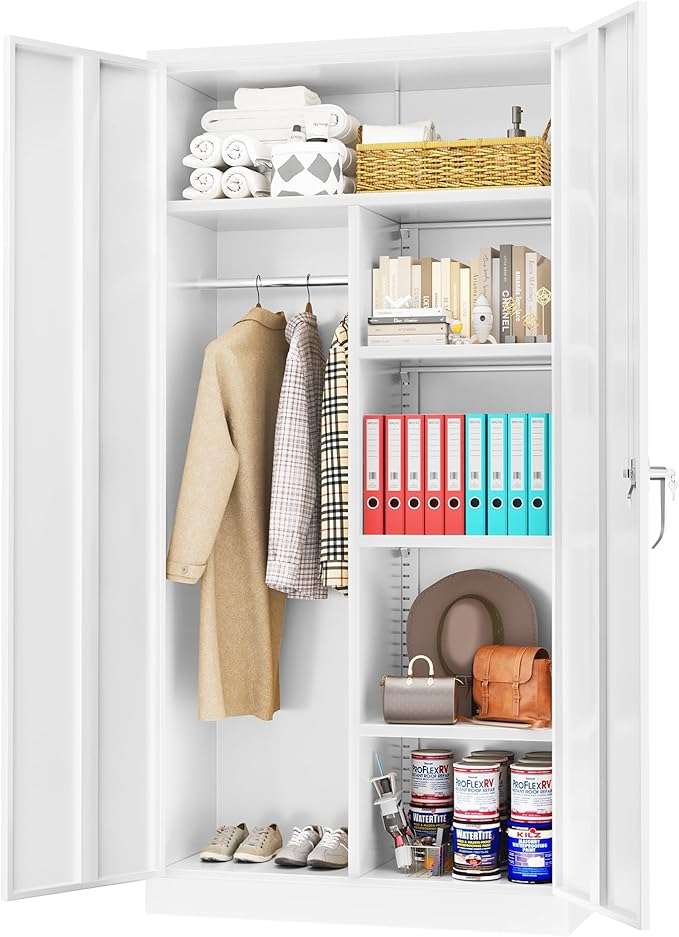 Greenvelly Metal Storage Cabinet Locker with Locking Doors,72" Metal Wardrobe Cabinet, Steel Storage Wardrobe with Hanging for Home Office, Garage, School, Gym(White 36" ×18")