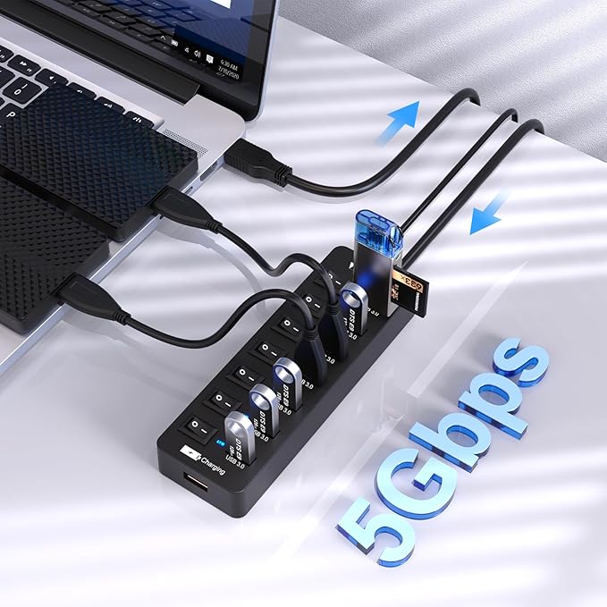 Powered USB Hub 3.0,VEMONT 7 Ports Multi USB hubs and 1 USB Smart Charging Port with 5V/3A Power Supply,USB Extension Splitter with Individual On/Off Switches and 4ft/1.2m Long Cable for PC/Laptop