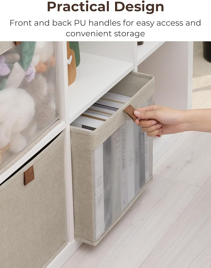 StorageWorks 11x11 Storage Cubes, Closet Storage Bins with Clear Window, Fabric Organizer for Clothes, Collapsible Storage Baskets with PU Handles, Brown and Beige, 3-Pack