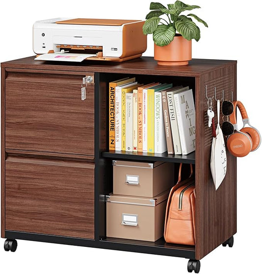 2 Drawer Mobile File Cabinet,Metal File Cabinet with Lock,Lateral Printer Stand Filling Storage Cabinet for Home Office-A4/F4/Letter(Wood