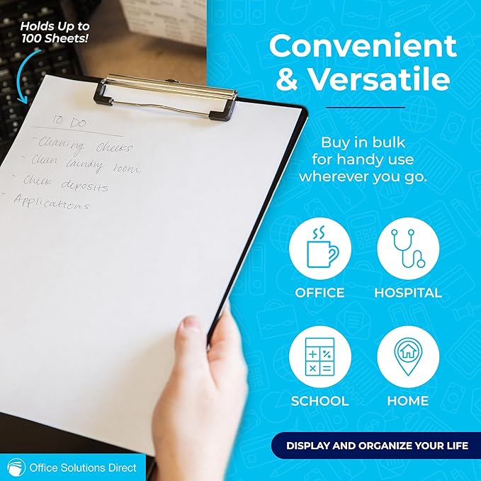 Black Plastic Clipboards (Set of 12) Multipack - 12.5x9 Inch Clipboard Holds 100 Sheets, Low Profile | Colored Acrylic Clip Boards in Bulk for Kids & Professionals