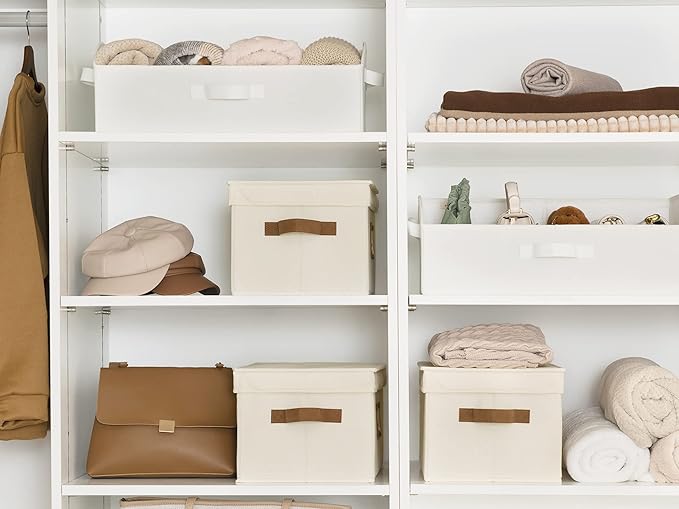 StorageWorks Large Storage Bins with Lids, Decorative Storage Boxes with Lid and PU Handles, Foldable Storage Baskets for Closet, Shelves, Stackable, Ivory White, 3-Pack