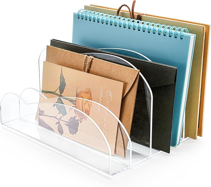 Suwimut Acrylic File Holder 5 Sections, 8.5 x 6.8 x 4.7 Inch Upright File Organizer for Desk, Clear Desktop Folder Holder Mail Letter Sorter for Home Office School Envelope Bill Filling Paper Document