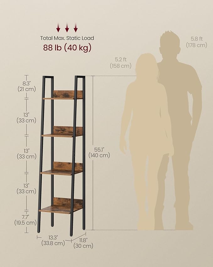 VASAGLE Bookshelf, 4-Tier Narrow Book Shelf, 11.8 x 13.3 x 55.1 Inches, Ladder Shelf for Home Office, Living Room, Bedroom, Kitchen, Rustic Brown and Ink Black ULLS108B01