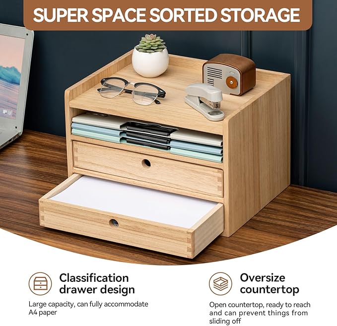 KIRIGEN Desktop Organizer with 2 Drawers and Tray - Wood Office Desk Storage Shelf for Office Supplies - Small Cabinet for Countertop Accessories Storage 3 Layer Natural(DT3D2C-NA)