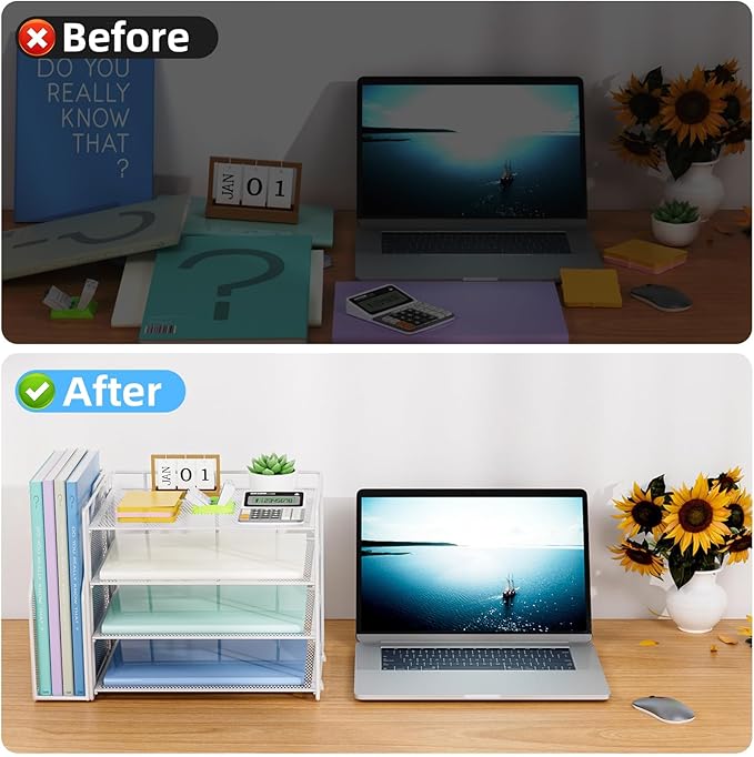 Marbrasse Desk Organizer and Accessories,4-Tier Paper Letter Tray Organizer with File Holder,Desk Accessories & Workspace Desktop Organizers for School Home Office Supplies (White)
