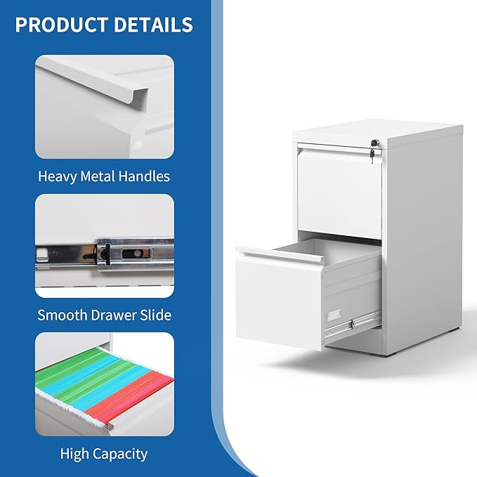 2 Drawer File Cabinet for Home Office, Vertical File Cabinet with Lock, Locking File Cabinet Hanging Files for A4/ Legal/Letter, Require Assembly, White