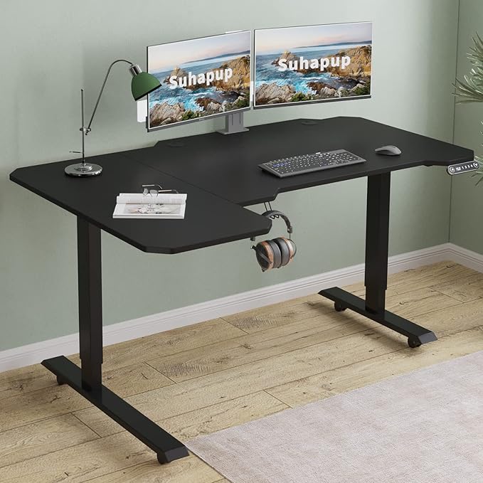 Electric Height Adjustable Standing Desk, 59 L-Shaped Sit - Stand Desk for Work or Home Office Push Button Memory Settings Black Splice Board/Black Frame