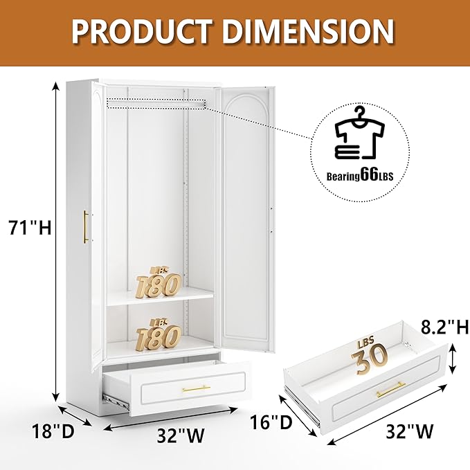 Metal Wardrobe Closet with Drawer, 71" Tall Armoire Wardrobe Closet with Hanging Rod, Freestanding Clothing Storage Cabinet with Doors, Large Wardrobes for Bedroom, White, Assembly Required
