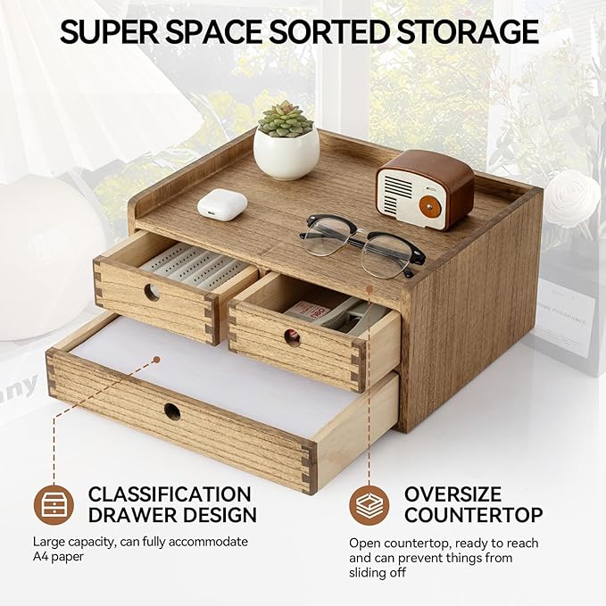 KIRIGEN Desk Organizer with Drawers - Wood Drawer Storage Box with Trays for Tabletop - Workspace Office Toiletries Supplies Tool Caddy - Wooden Storage Cabinet Dark Brown(DT2D3C-DBR)