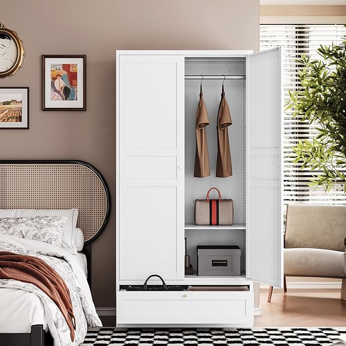 Letaya Wardrobe Closet,72" H Clothing Metal Storage Cabinet with Storage Drawer Adjustable Shelves and Hanging Rod,Bedroom Armoire Cabinet Clothes Organizer (White)