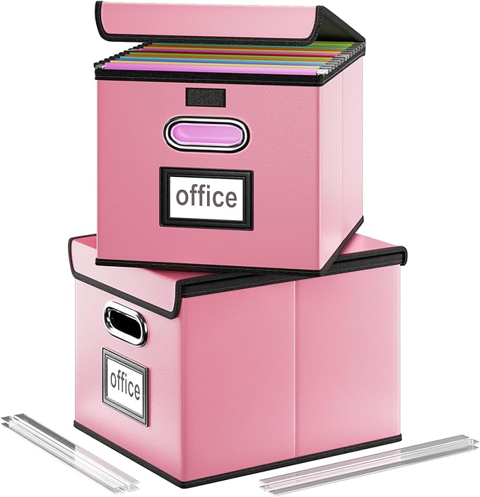 Huolewa Portable Leather File Organizer Storage Boxes, Collapsible File Folder Organizer Boxes with Lids, Document Organizer, Decorative Filing Box Cabinet for Letter/Legal File Folder Storage