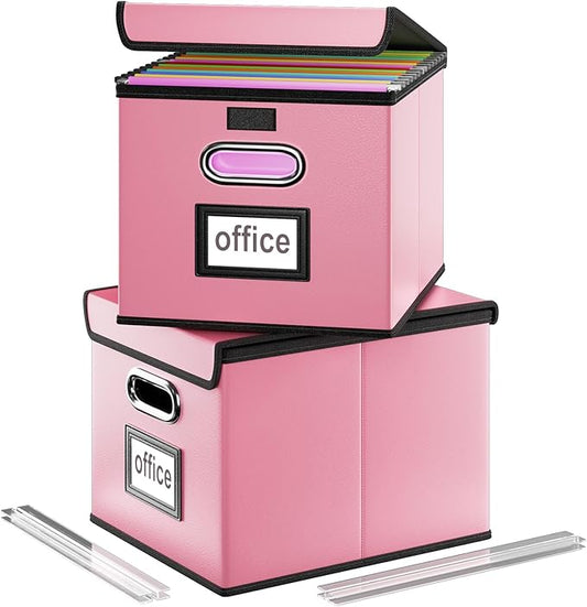 Huolewa Portable Leather File Organizer Storage Boxes, Collapsible File Folder Organizer Boxes with Lids, Document Organizer, Decorative Filing Box Cabinet for Letter/Legal File Folder Storage